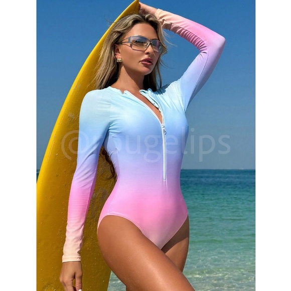 Blue Pink Ombre One Piece Swimsuit Zipper High Stretch Long Sleeve - Picture 2 of 8